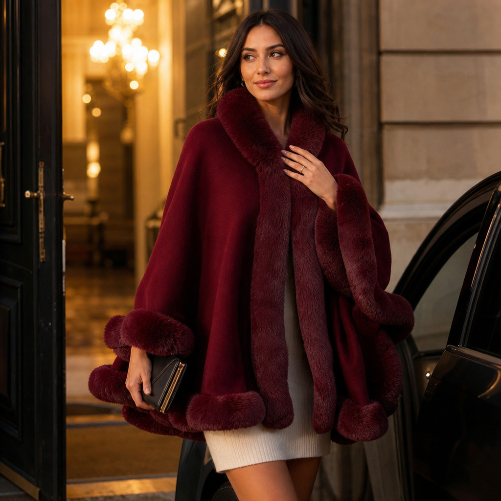 Women's Faux Fur Trim Hooded Knit Cape Coat – Open Front