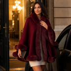 Women's Faux Fur Trim Hooded Knit Cape Coat – Open Front