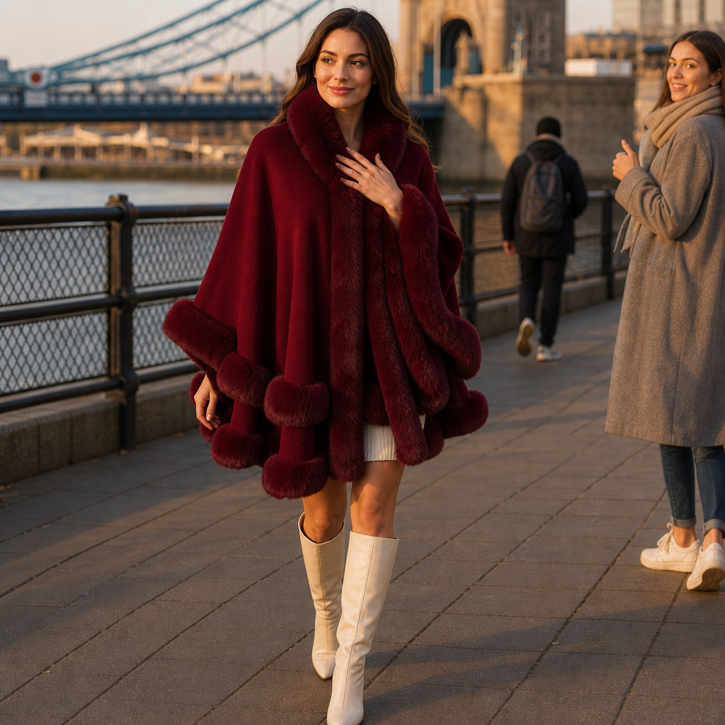 Women's Faux Fur Trim Hooded Knit Cape Coat – Open Front