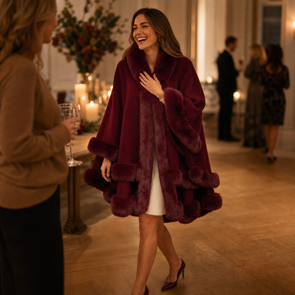 Women's Faux Fur Trim Hooded Knit Cape Coat – Open Front