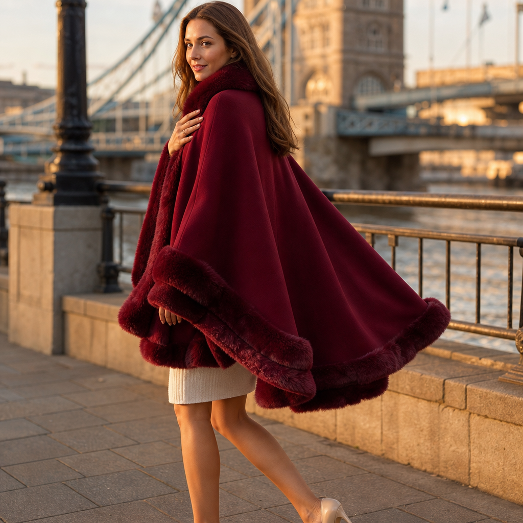 Women's Faux Fur Trim Hooded Knit Cape Coat – Open Front