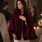 Women's Faux Fur Trim Hooded Knit Cape Coat – Open Front