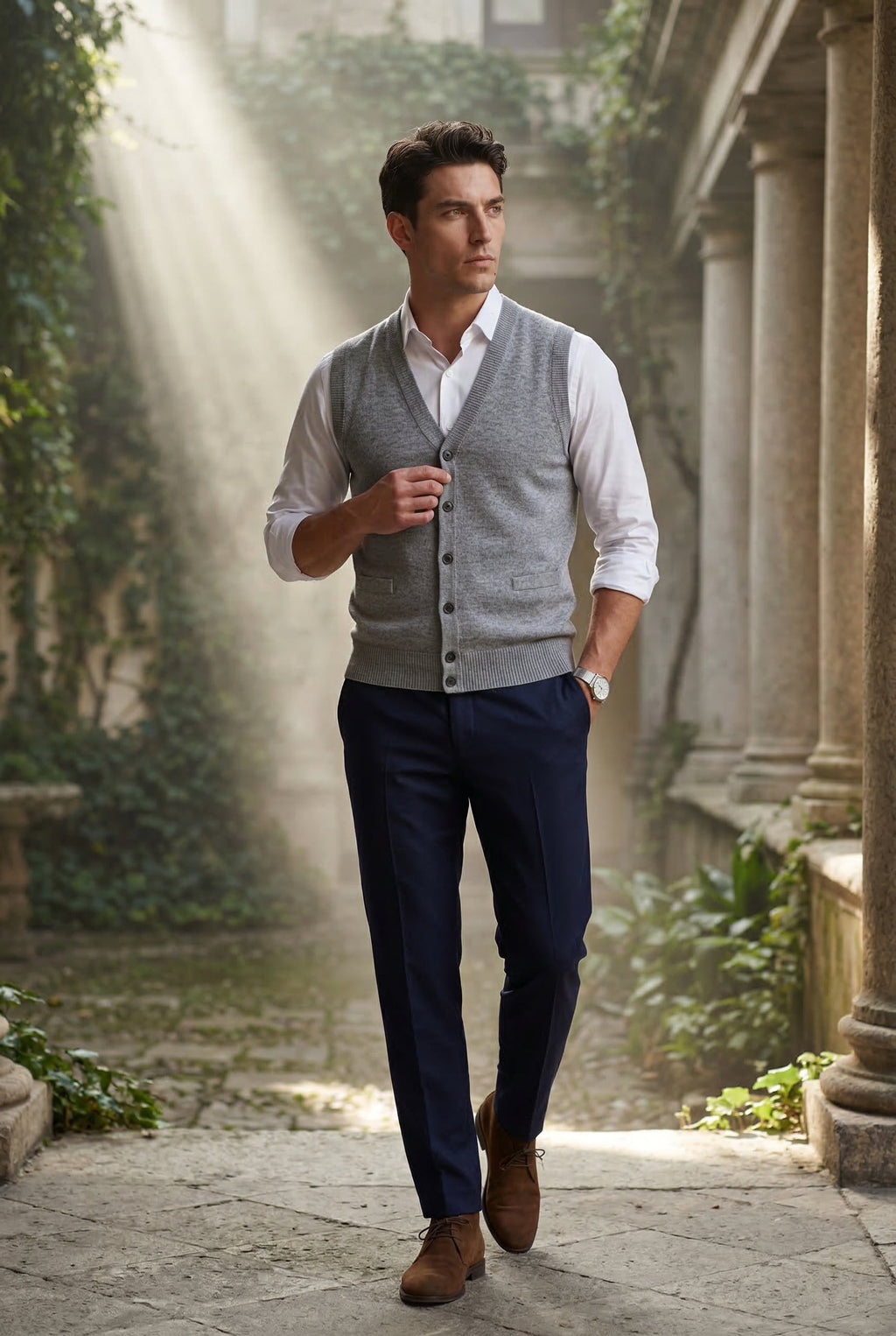 Light Gray Button-front V-neck Sleeveless Sweater Vest - Photo 2
