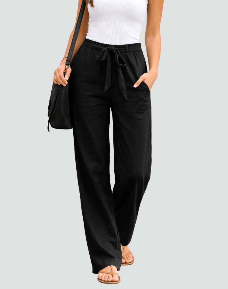 Women's Wide Leg Linen Trousers with Drawstring Waist