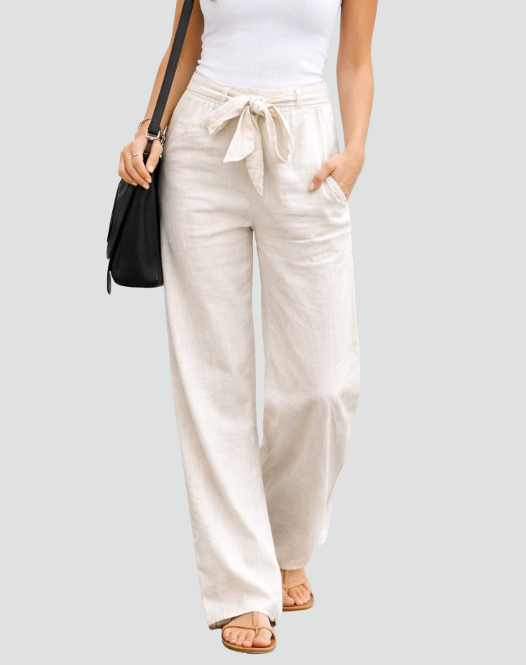 Women's Wide Leg Linen Trousers with Drawstring Waist