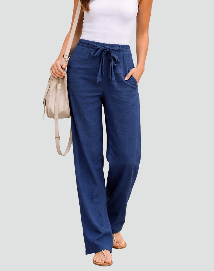 Women's Wide Leg Linen Trousers with Drawstring Waist