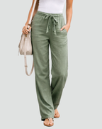 Women's Wide Leg Linen Trousers with Drawstring Waist