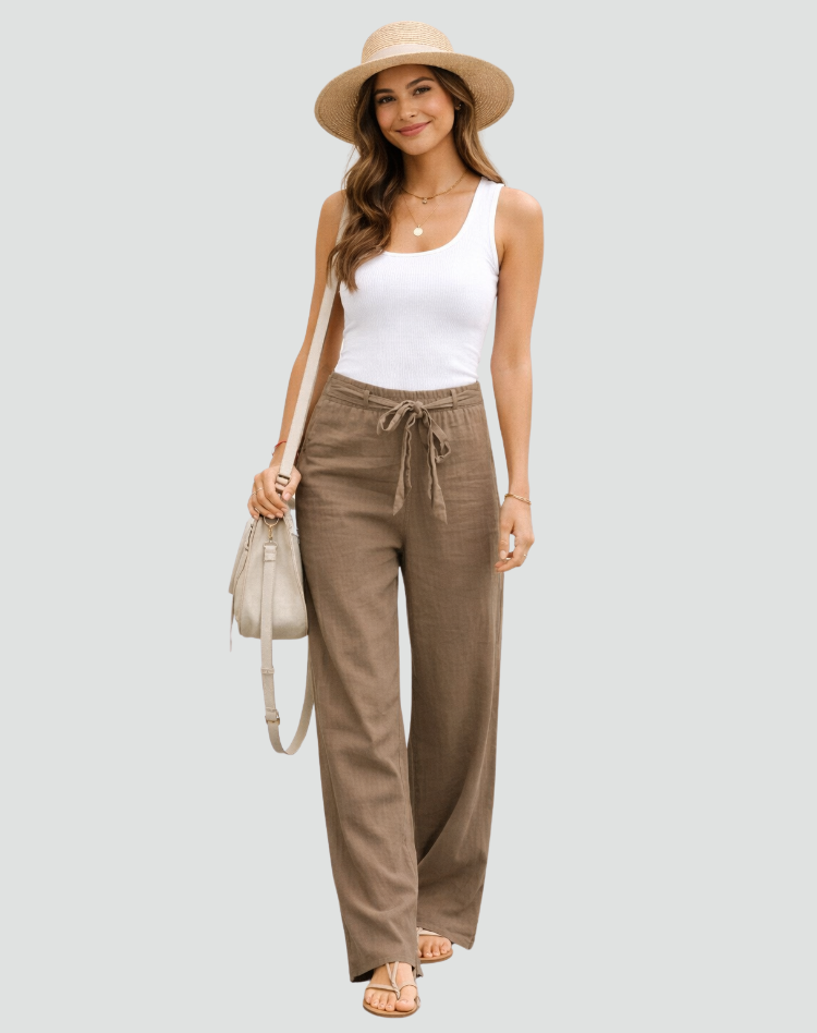 Women's Wide Leg Linen Trousers with Drawstring Waist