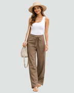 Women's Wide Leg Linen Trousers with Drawstring Waist