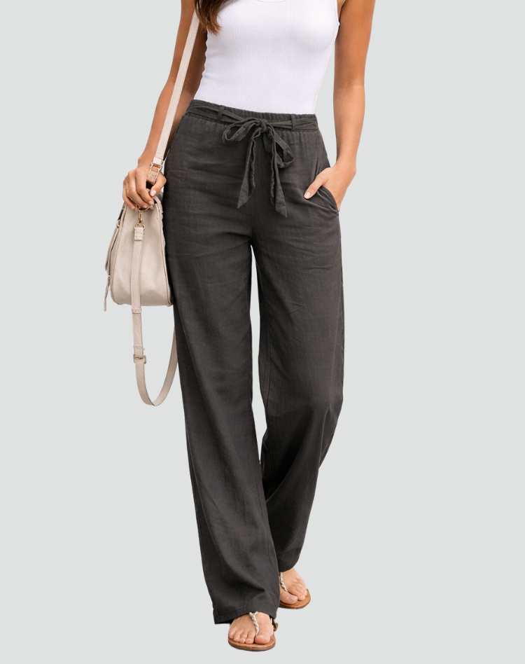 Women's Wide Leg Linen Trousers with Drawstring Waist
