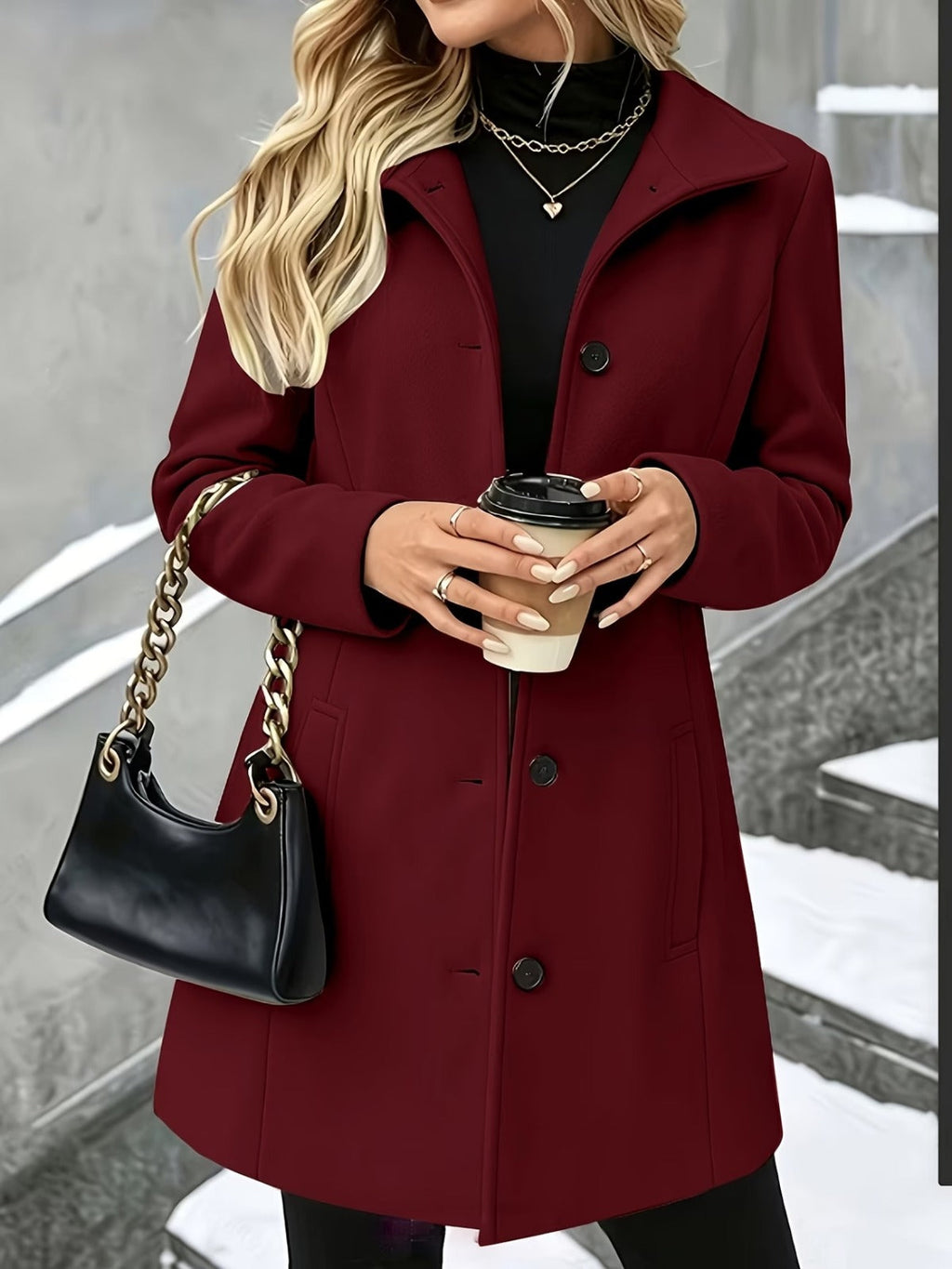 Women's Winter Coats with Lapel Collar, Long Button-Front Style