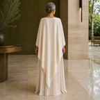long wedding guest dress — Beige pleated cape maxi wedding guest dress direct back view — view 4