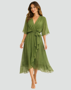 Women's Wrap Midi Dress with Ruffle Skirt and Kimono Sleeves