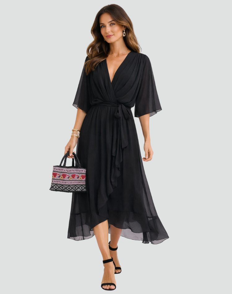 Women's Wrap Midi Dress with Ruffle Skirt and Kimono Sleeves