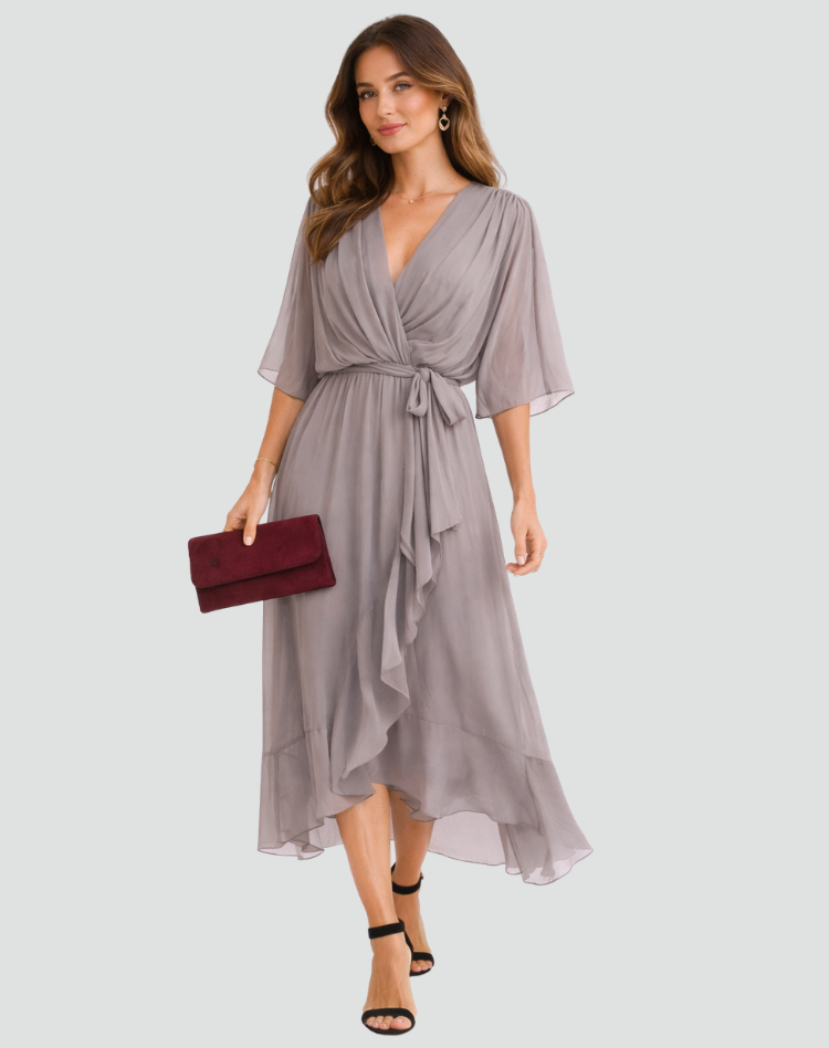 Women's Wrap Midi Dress with Ruffle Skirt and Kimono Sleeves