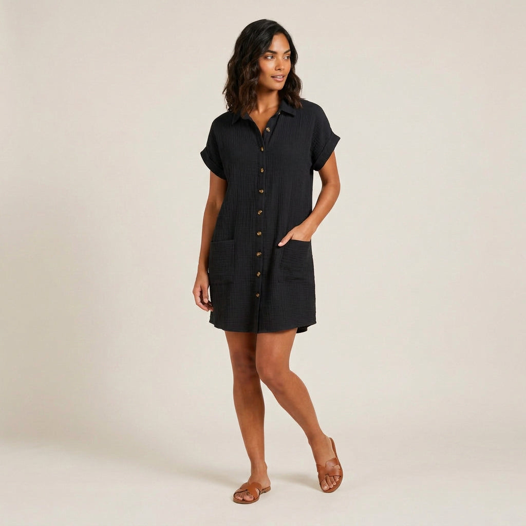 Women's Muslin Shirt Dress with Wood Buttons and Pockets