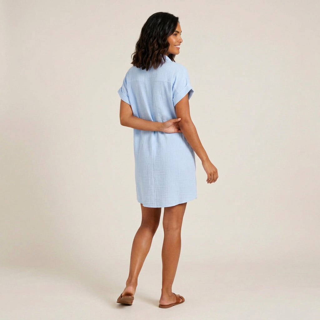 Women's Muslin Shirt Dress with Wood Buttons and Pockets