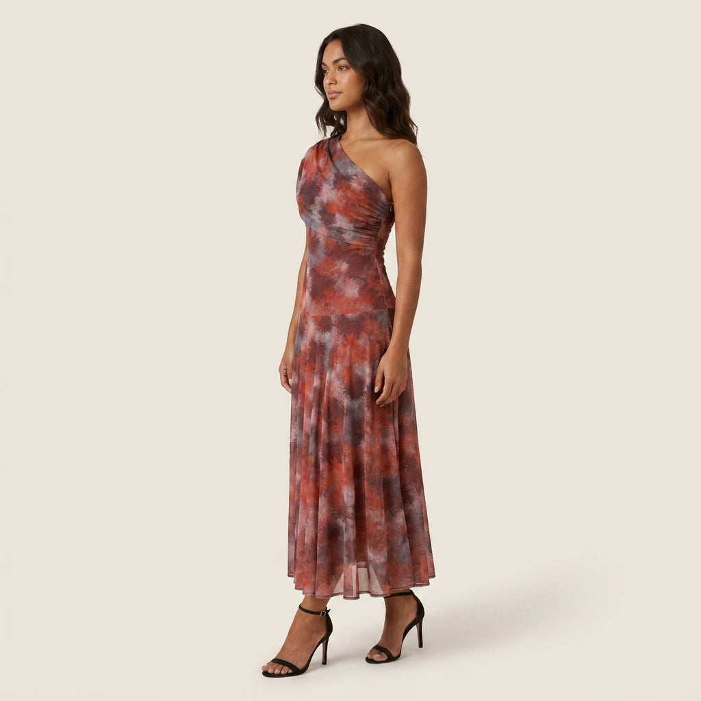 Women's One-Shoulder Midi Dress – Chiffon-Effect Draped Design