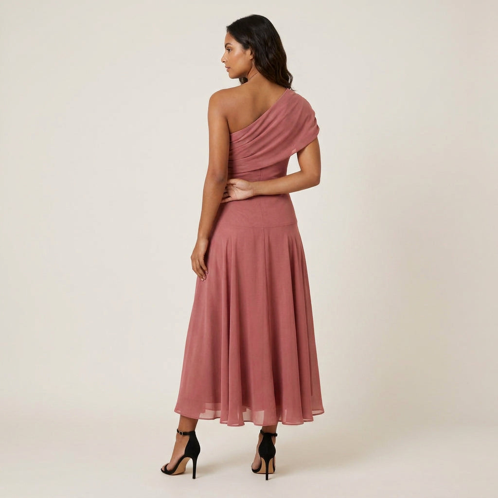 Women's One-Shoulder Midi Dress – Chiffon-Effect Draped Design