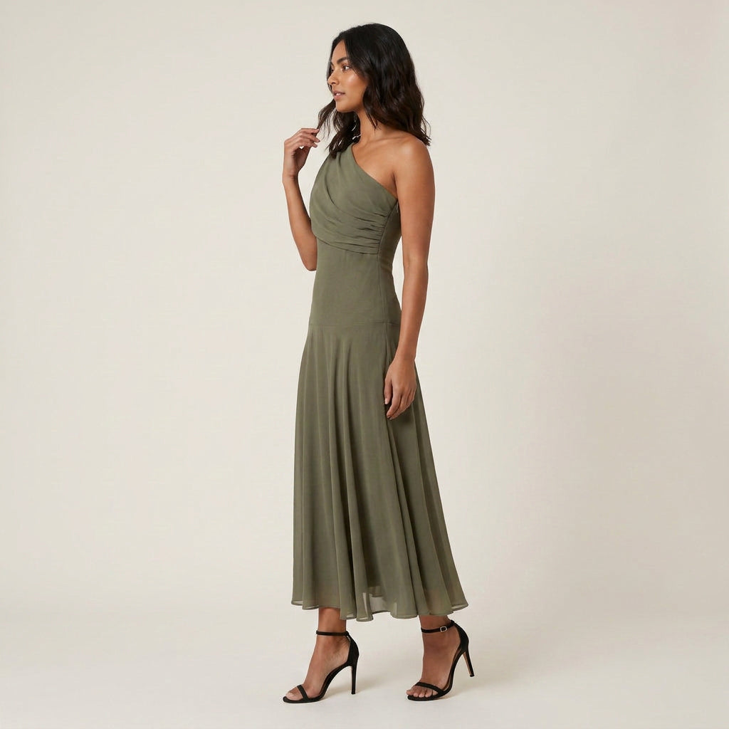 Women's One-Shoulder Midi Dress – Chiffon-Effect Draped Design