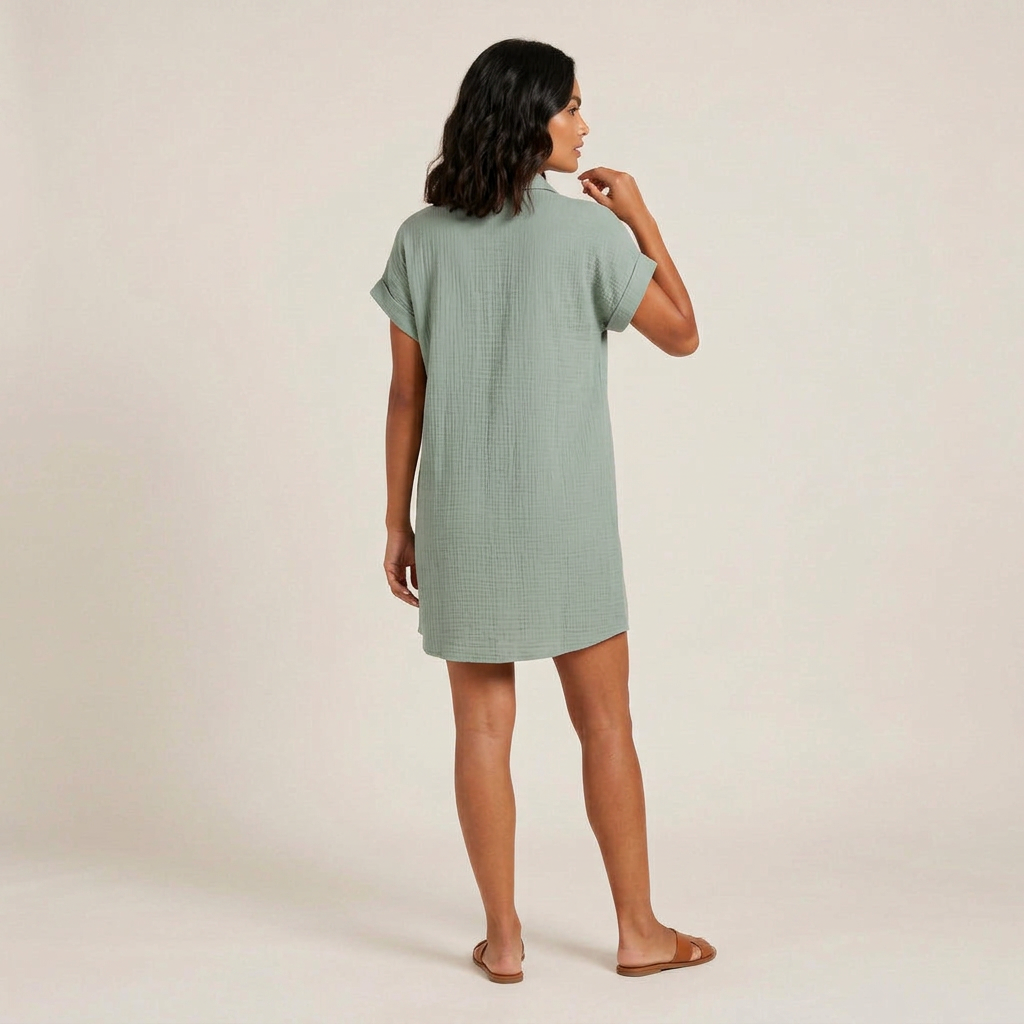 Women's Muslin Shirt Dress with Wood Buttons and Pockets