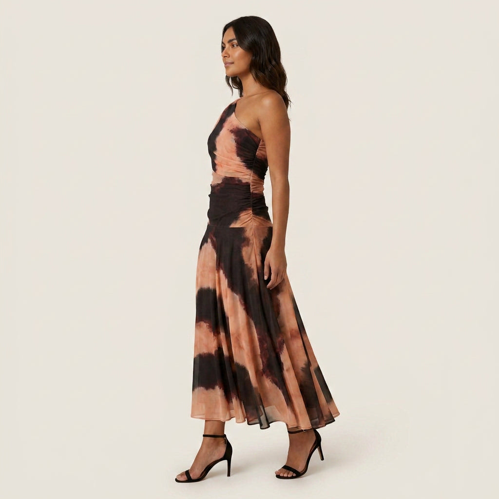 Women's One-Shoulder Midi Dress – Chiffon-Effect Draped Design