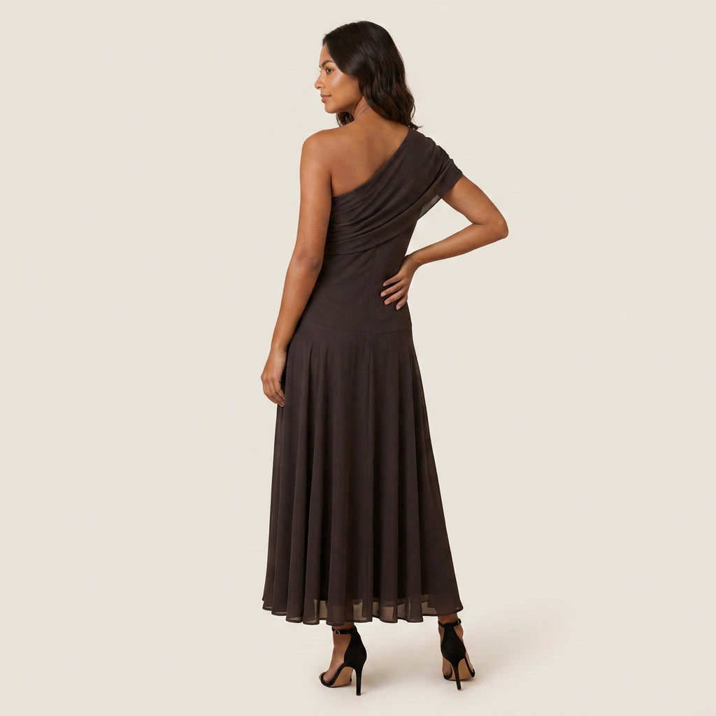 Women's One-Shoulder Midi Dress – Chiffon-Effect Draped Design