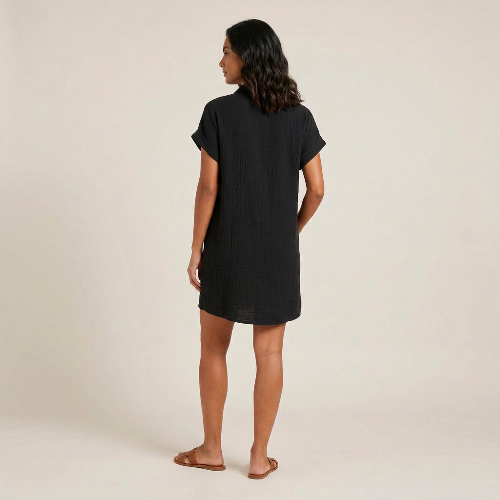 Women's Muslin Shirt Dress with Wood Buttons and Pockets