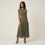Women's One-Shoulder Midi Dress – Chiffon-Effect Draped Design