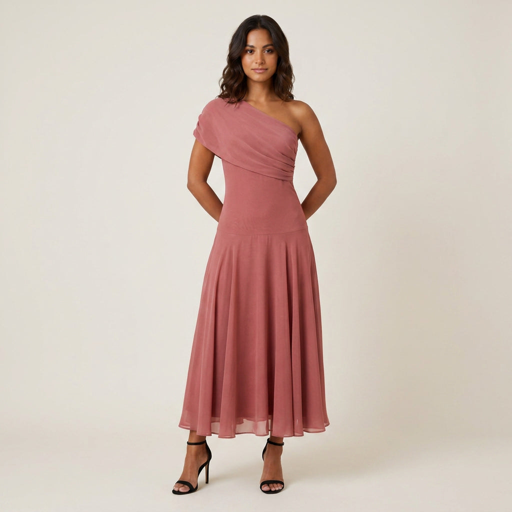 Women's One-Shoulder Midi Dress – Chiffon-Effect Draped Design