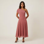 Women's One-Shoulder Midi Dress – Chiffon-Effect Draped Design