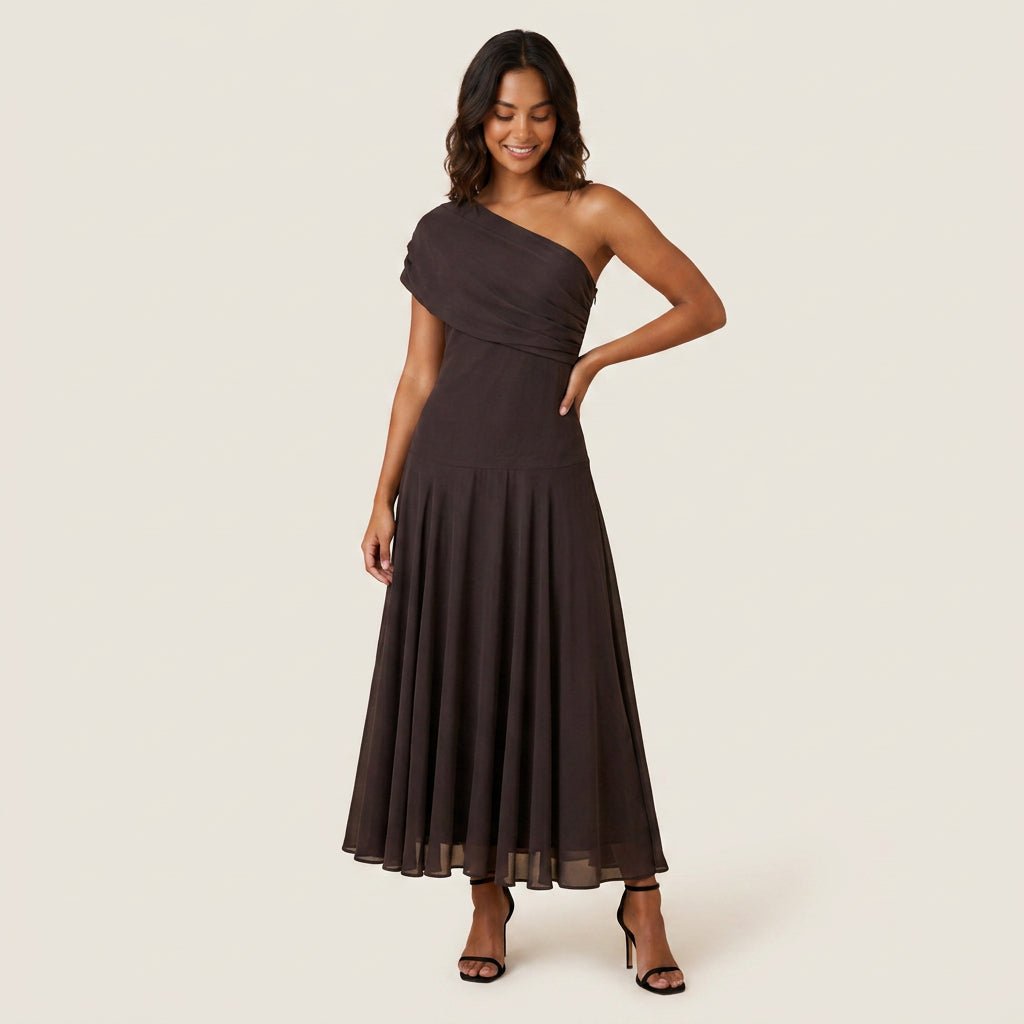 Women's One-Shoulder Midi Dress – Chiffon-Effect Draped Design