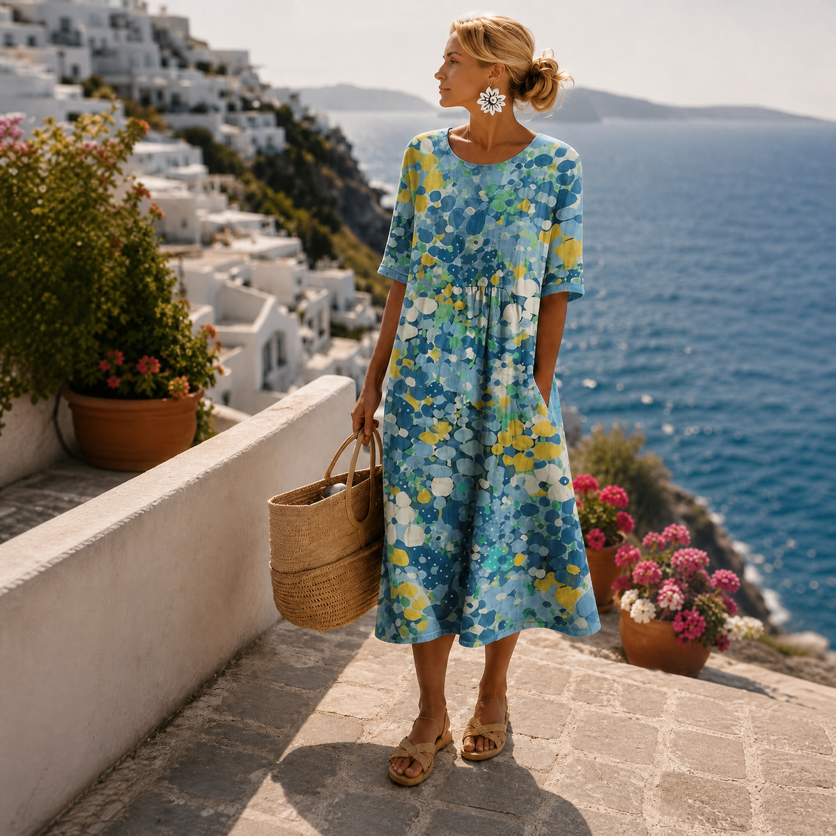 Women's Floral Midi Dress - Short Sleeve Flowy Summer Dress