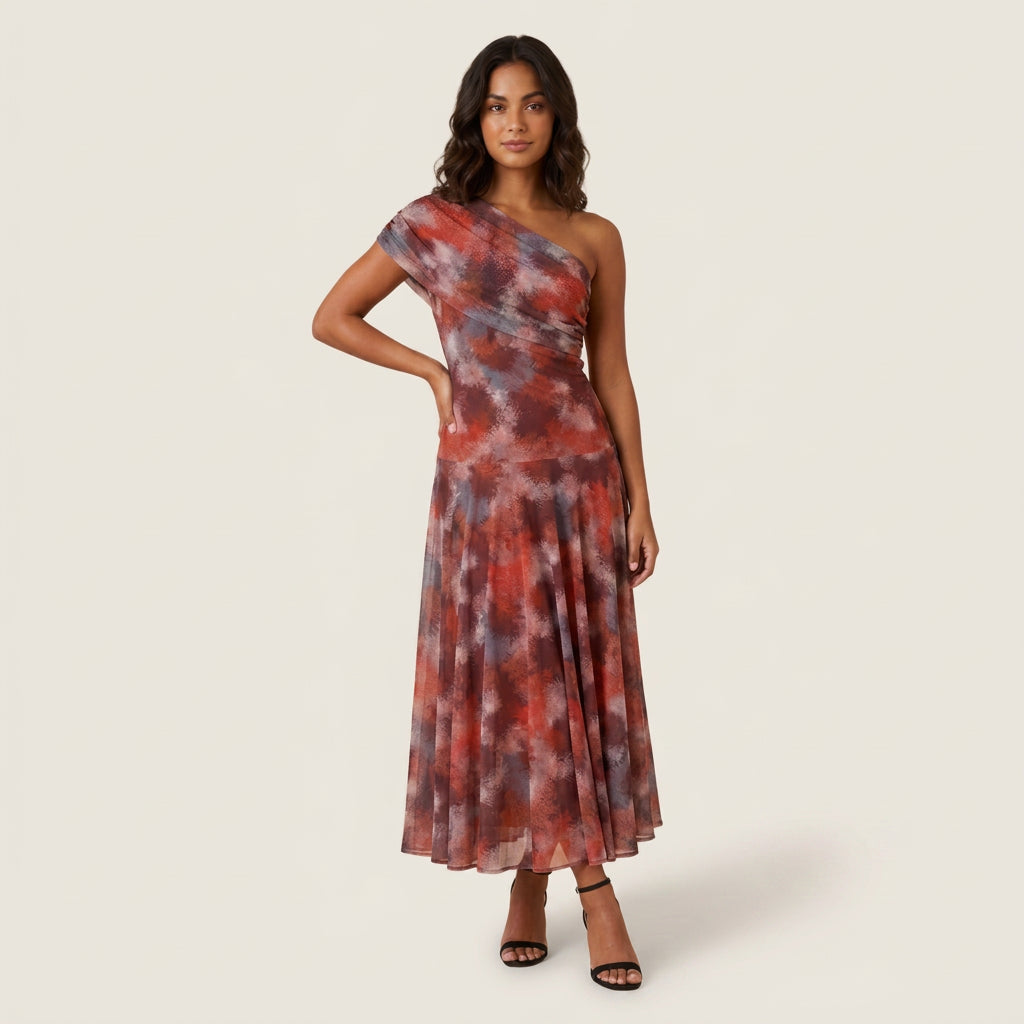 Women's One-Shoulder Midi Dress – Chiffon-Effect Draped Design