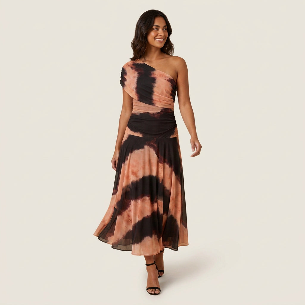 Women's One-Shoulder Midi Dress – Chiffon-Effect Draped Design