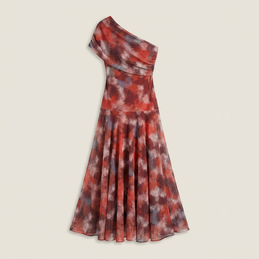 Women's One-Shoulder Midi Dress – Chiffon-Effect Draped Design
