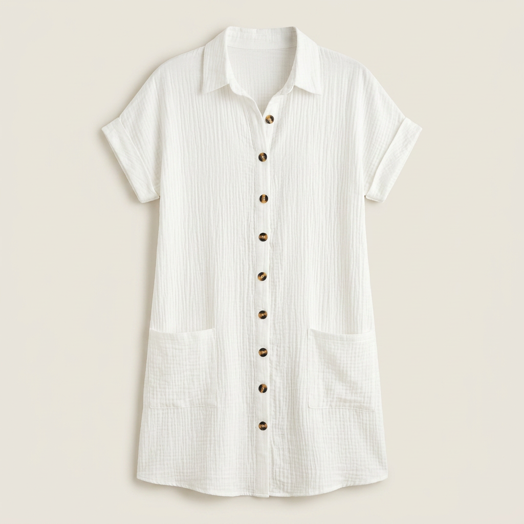 Women's Muslin Shirt Dress with Wood Buttons and Pockets
