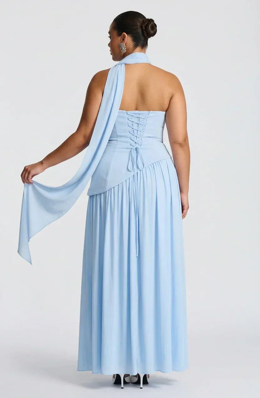 Women's Maxi Dress - Strapless Colorblock Style with High Side Slit