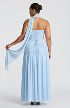 Women's Maxi Dress - Strapless Colorblock Style with High Side Slit