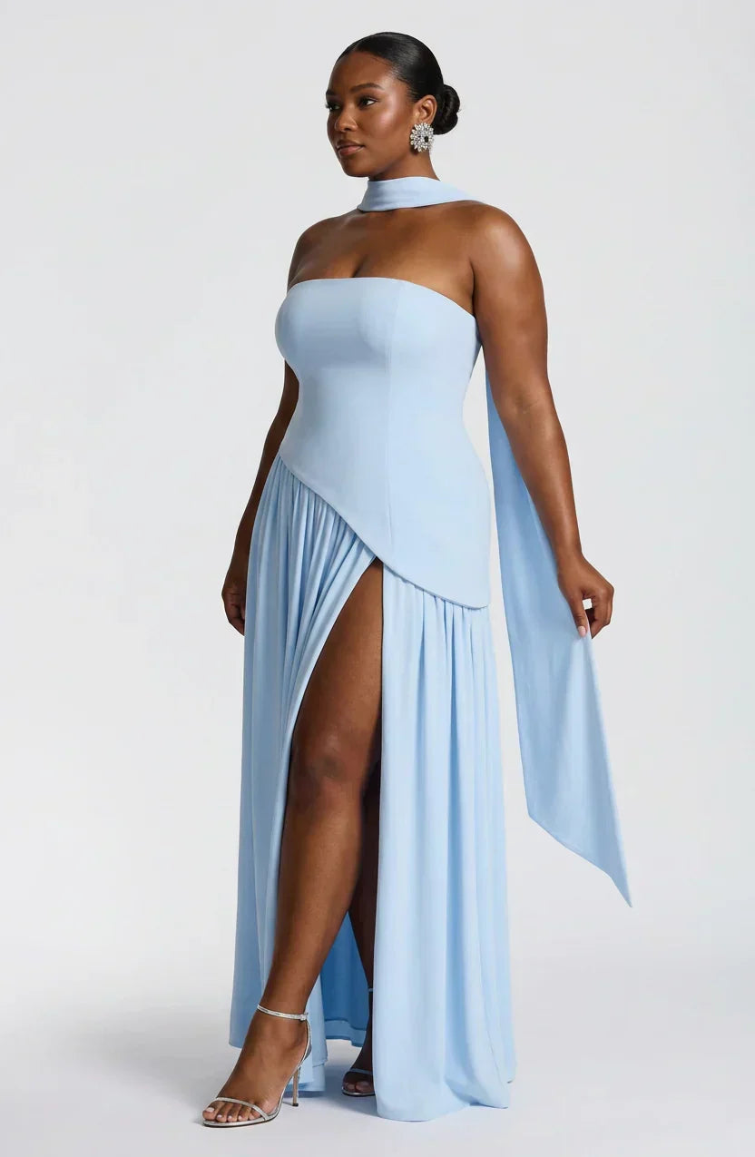 Women's Maxi Dress - Strapless Colorblock Style with High Side Slit