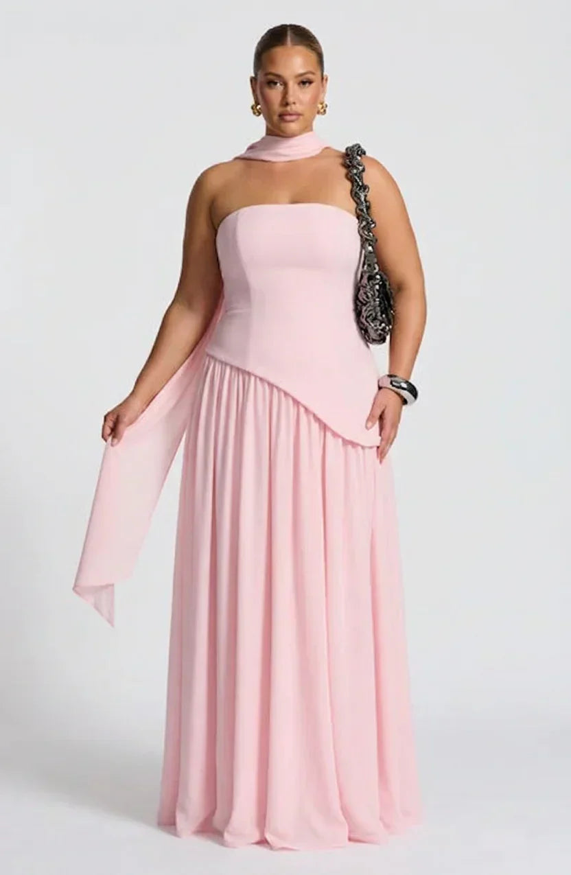 Women's Maxi Dress - Strapless Colorblock Style with High Side Slit