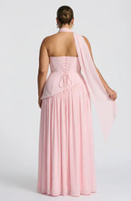 Women's Maxi Dress - Strapless Colorblock Style with High Side Slit
