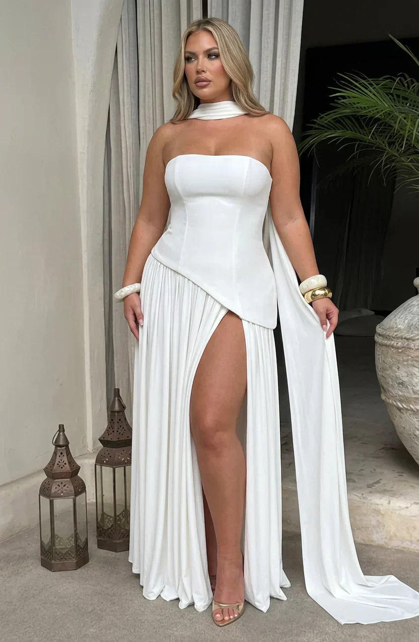 Women's Maxi Dress - Strapless Colorblock Style with High Side Slit