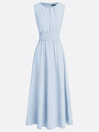 Sleeveless ruched A-line maxi dress, full length front view