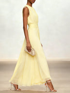 Sleeveless ruched A-line maxi dress in sage green, full length view