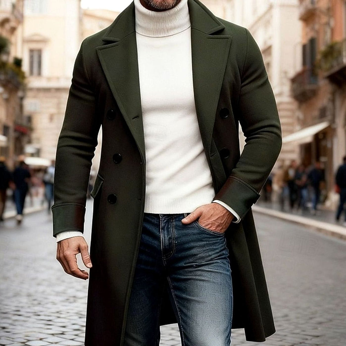 Men's Double-Breasted Wool Overcoat - Tailored Long Coat