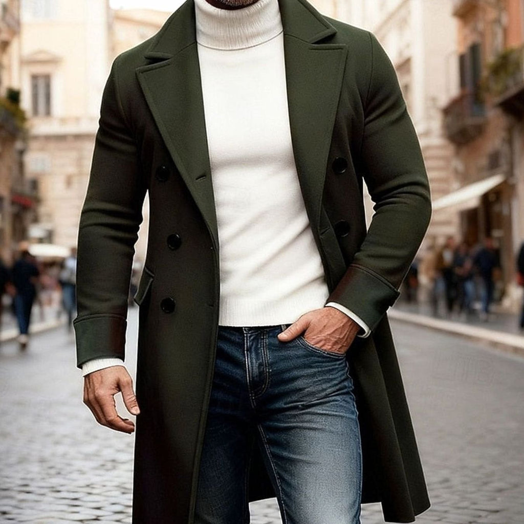 Men's Double-Breasted Wool Overcoat - Tailored Long Coat