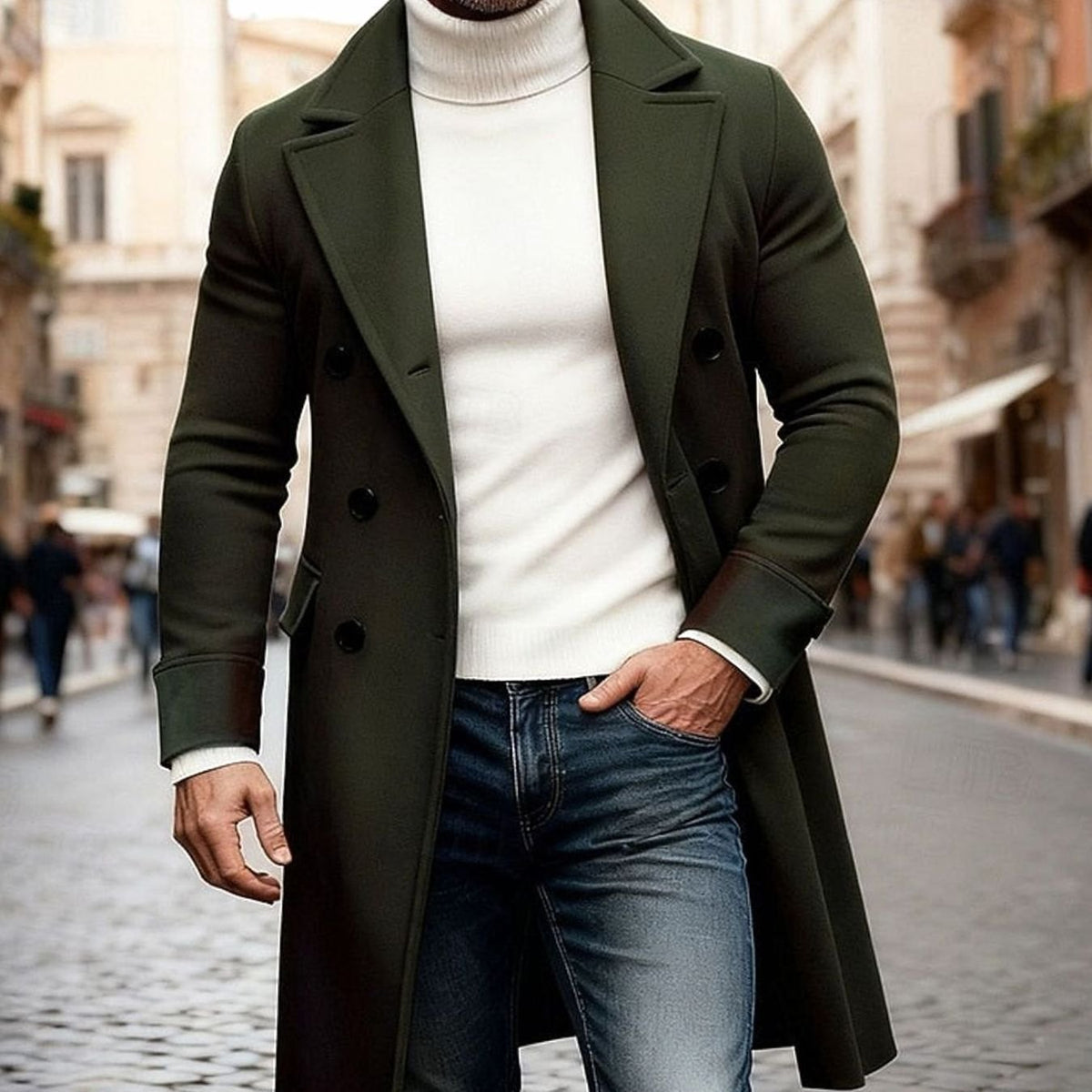 Men's Double-Breasted Wool Overcoat - Tailored Long Coat