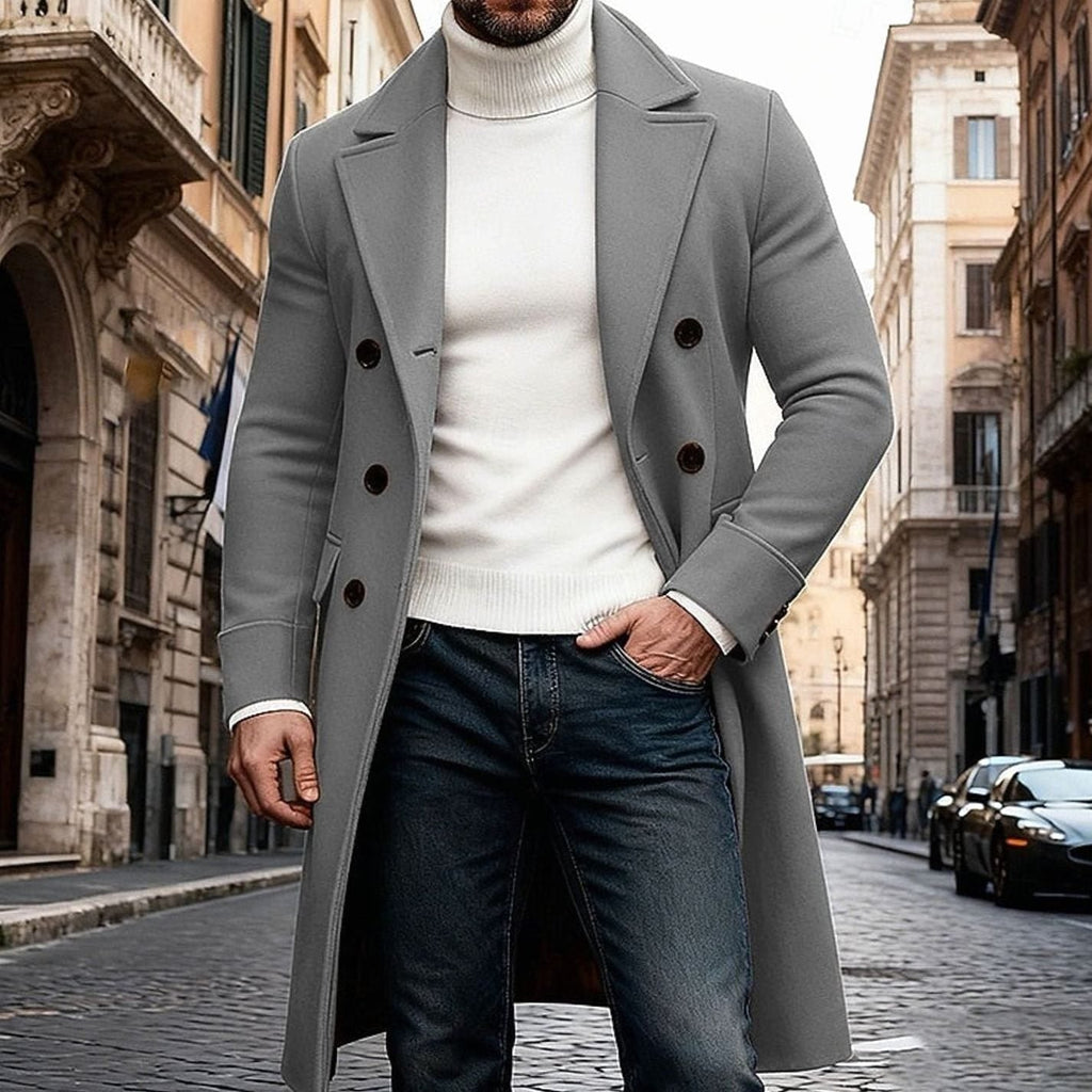 Men's Double-Breasted Wool Overcoat - Tailored Long Coat