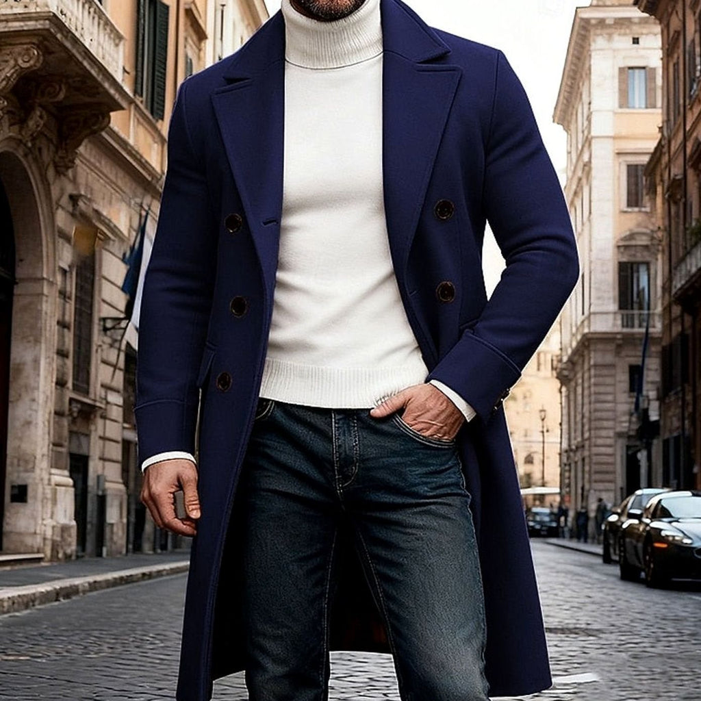Men's Double-Breasted Wool Overcoat - Tailored Long Coat